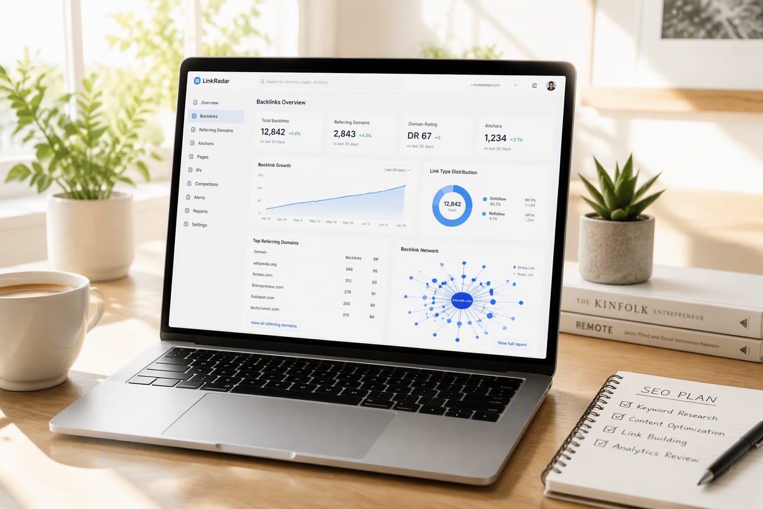 Ahrefs backlink analysis dashboard on a bright minimal workspace