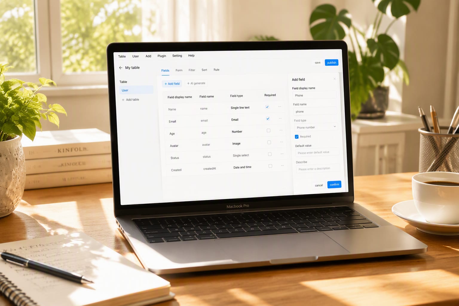 Laptop showing a light-themed data table and interface builder on a sunny desk