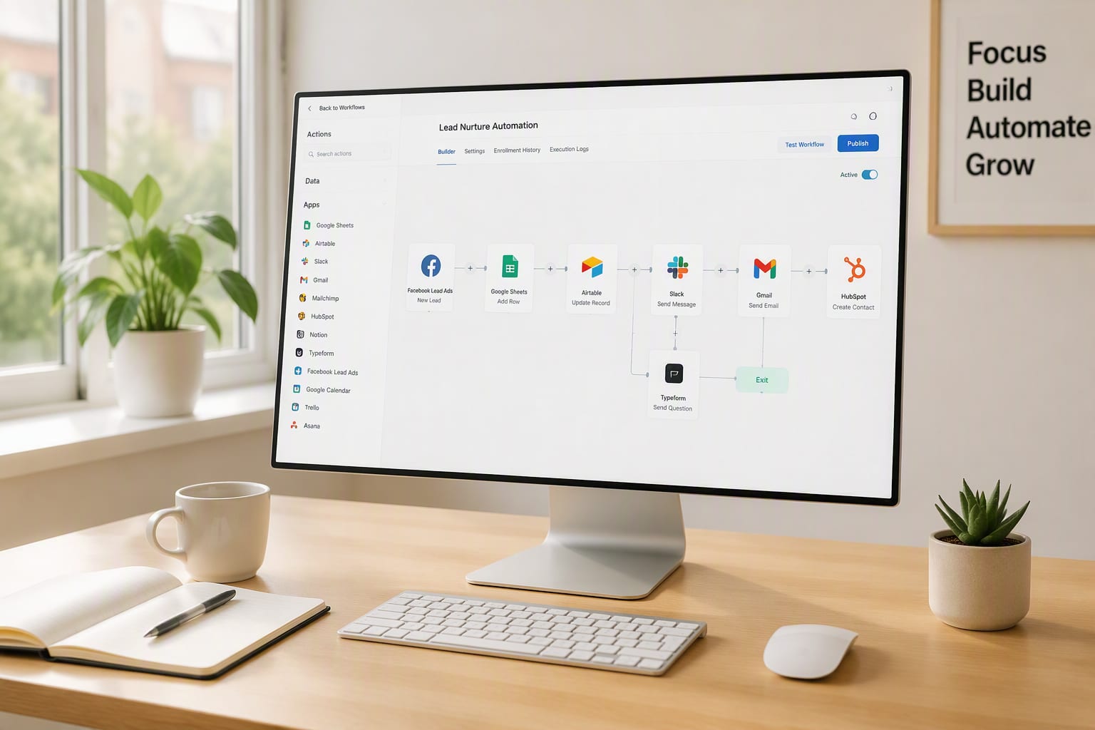 Automation workflow with connected app icons and a light-themed flow diagram