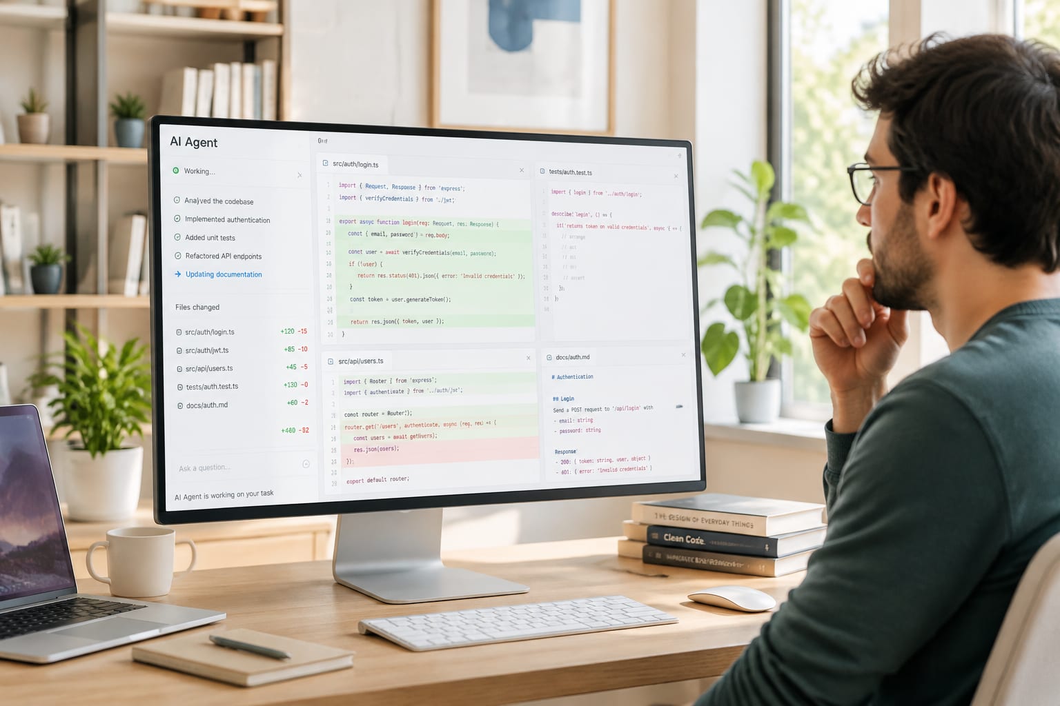 Developer watching an AI coding agent work on a light-themed editor