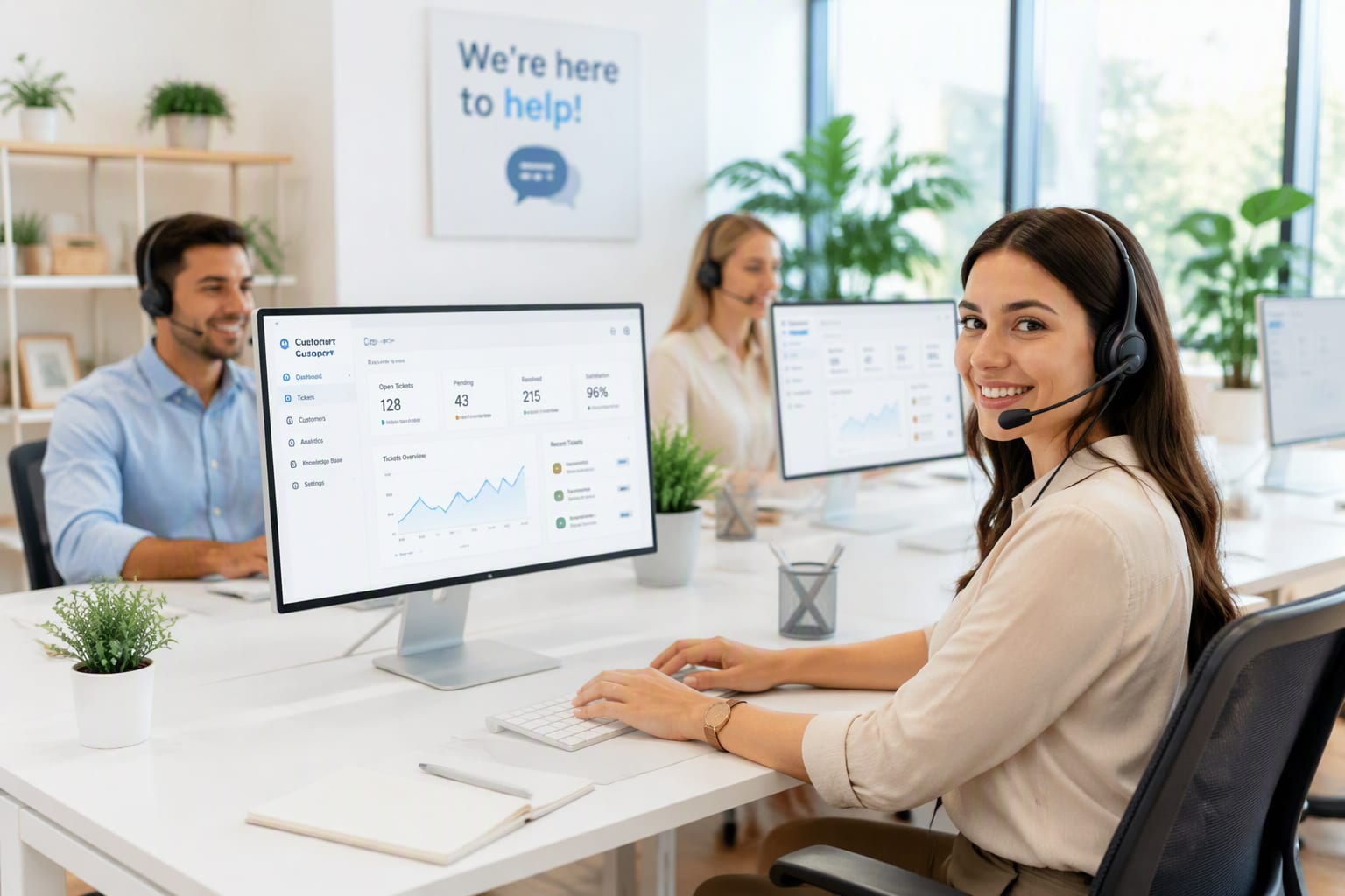 Friendly support agents with headsets using light-themed helpdesk dashboards