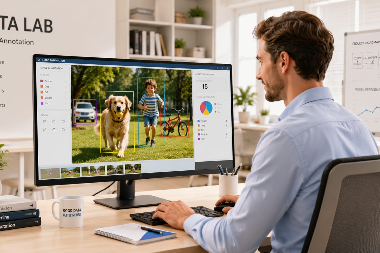 Bright clean data lab with a monitor showing bounding boxes on a friendly image, a seated analyst with a light shirt, warm lighting and no dark areas