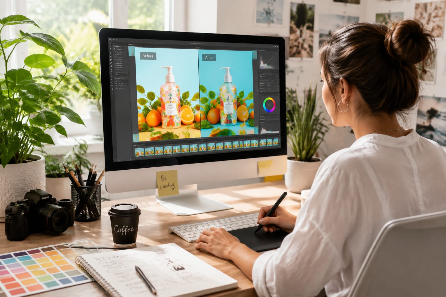 Designer retouching a colorful product photo with a light-themed editing interface