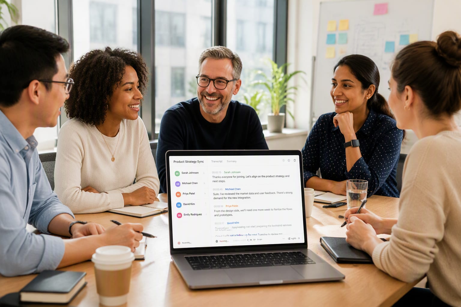 Team in a bright meeting room with a laptop showing a light-themed live transcript