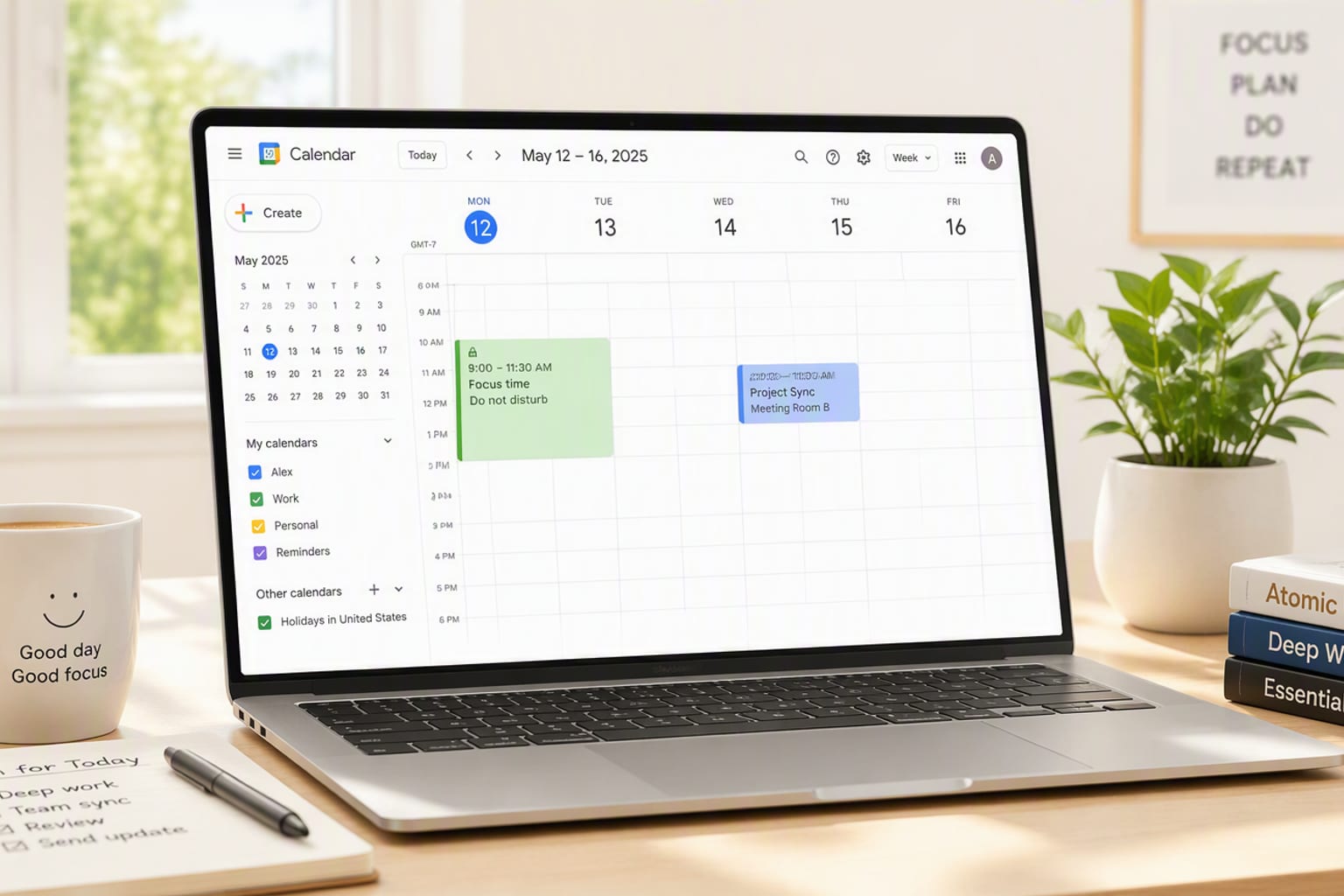 Bright calendar view on a laptop showing a protected focus block and a scheduled meeting, clean desk with coffee and a plant, warm daylight, no dark areas