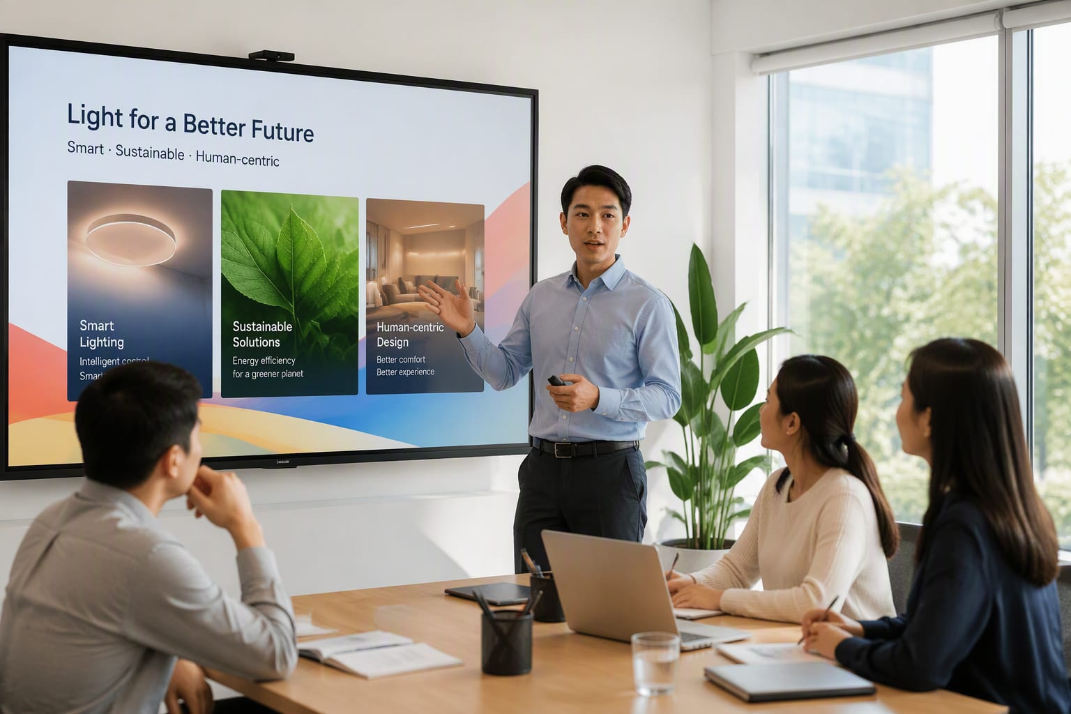 Professional presenting colorful light-themed slides on a large display