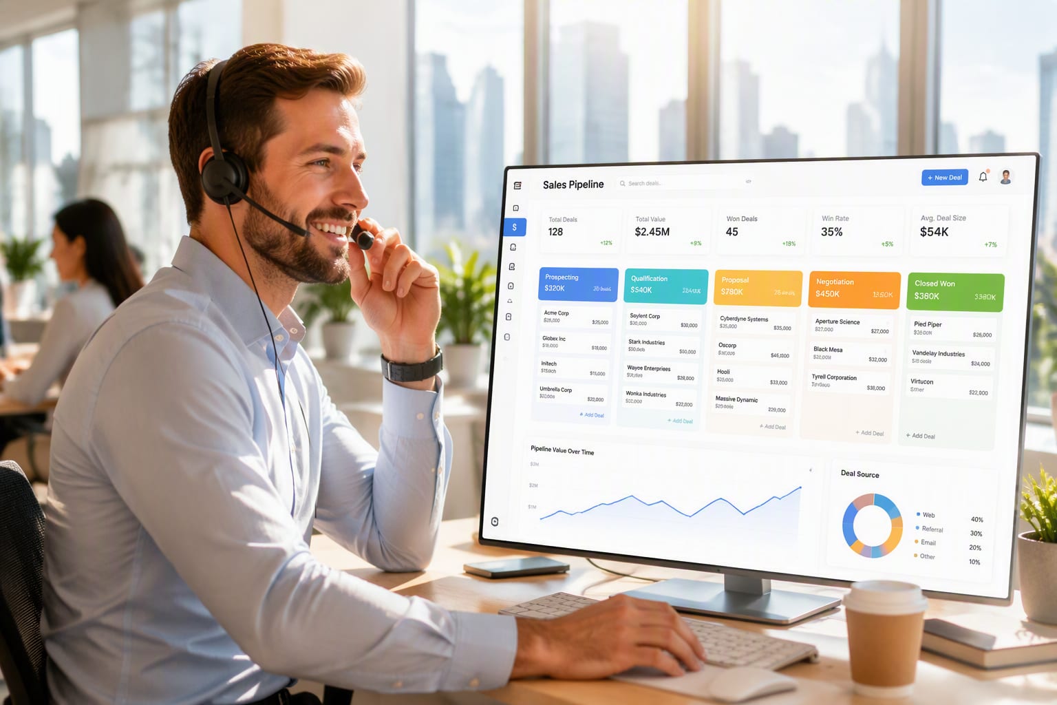 Sales professional on a headset call with a light-themed CRM pipeline dashboard