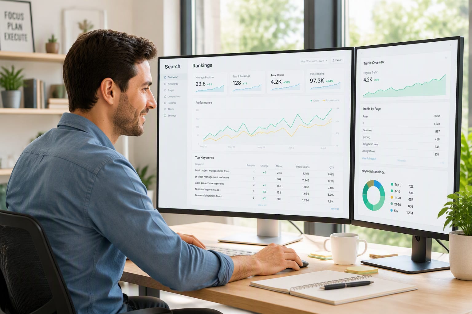 Marketer reviewing a light-themed search rankings dashboard with rising traffic charts