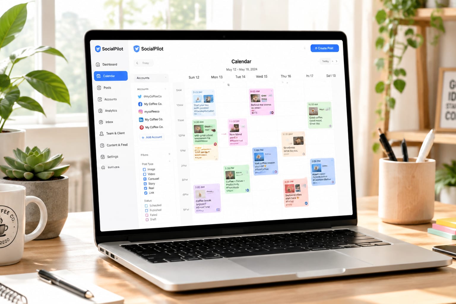 Bright marketing studio with a laptop showing a colorful social media scheduling calendar, plants and warm daylight, no dark areas