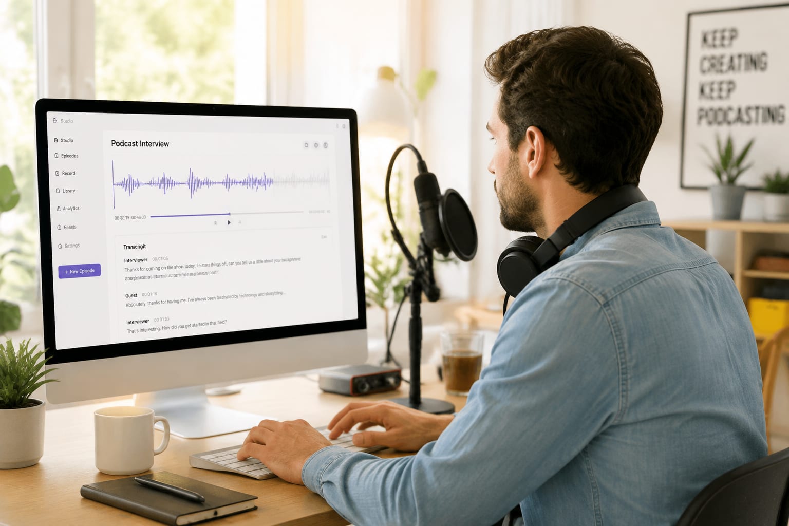Podcast creator editing an interview transcript with a light-themed audio waveform