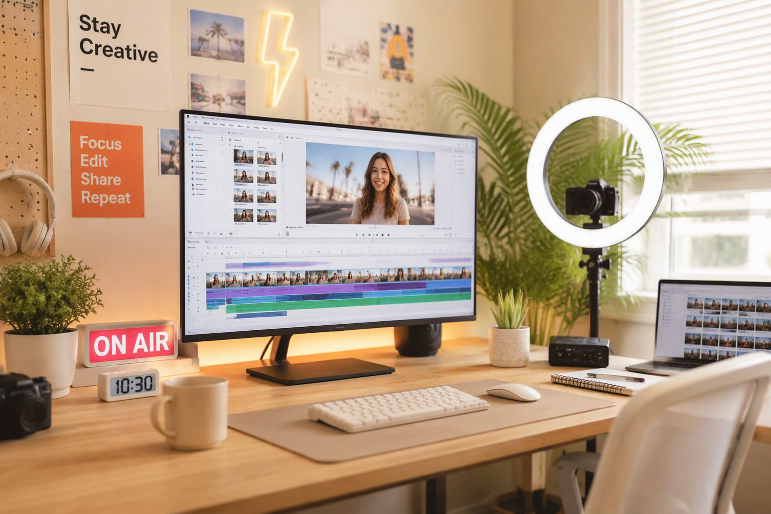 Bright creator studio with colorful video editing timeline on a light-themed interface