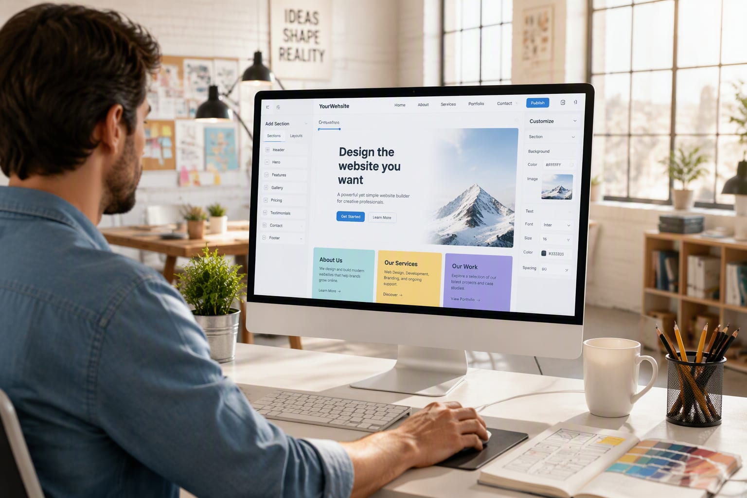 Web designer viewing a light-themed website builder with colorful page sections