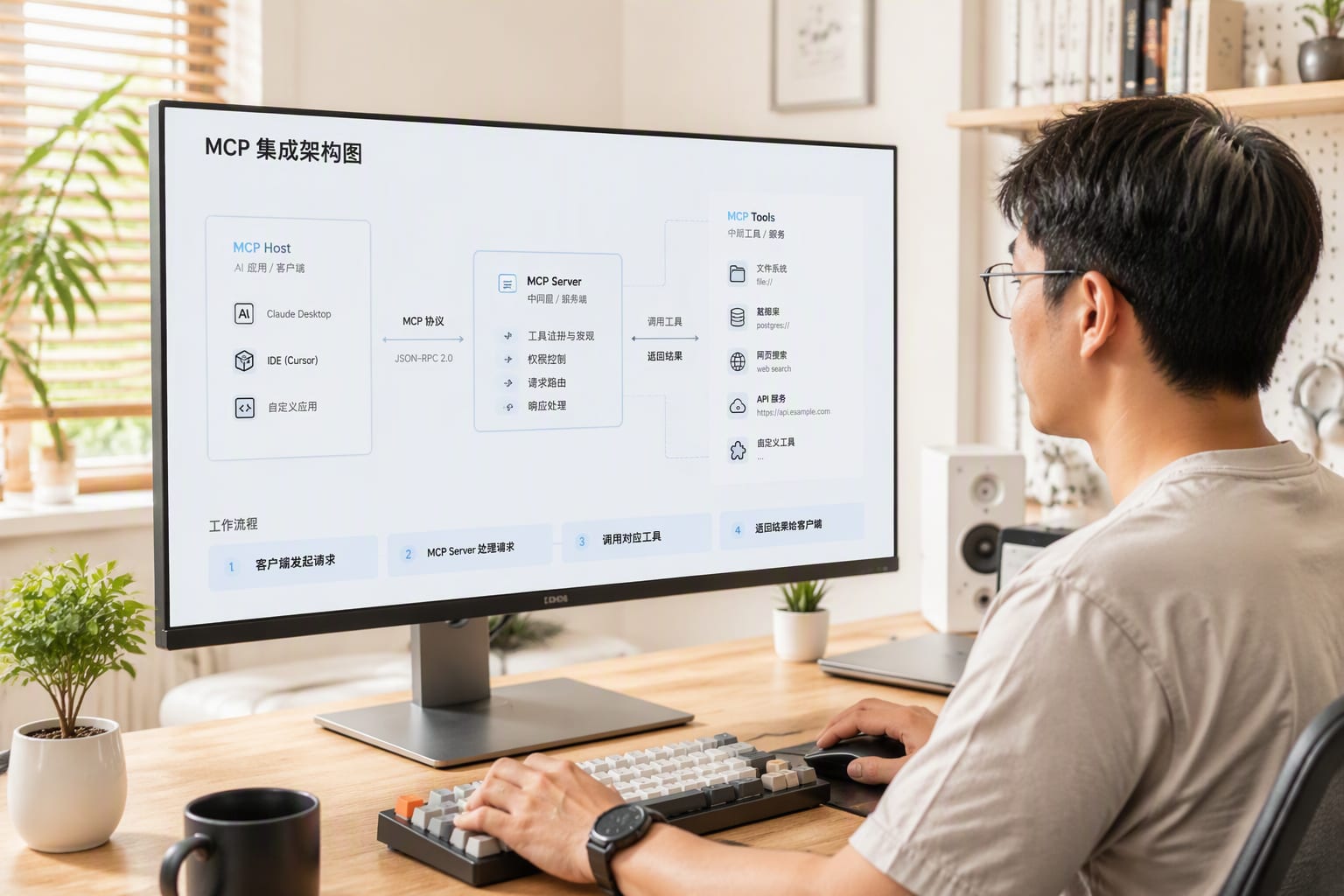 Developer viewing a light-themed MCP integration diagram with connected tool nodes