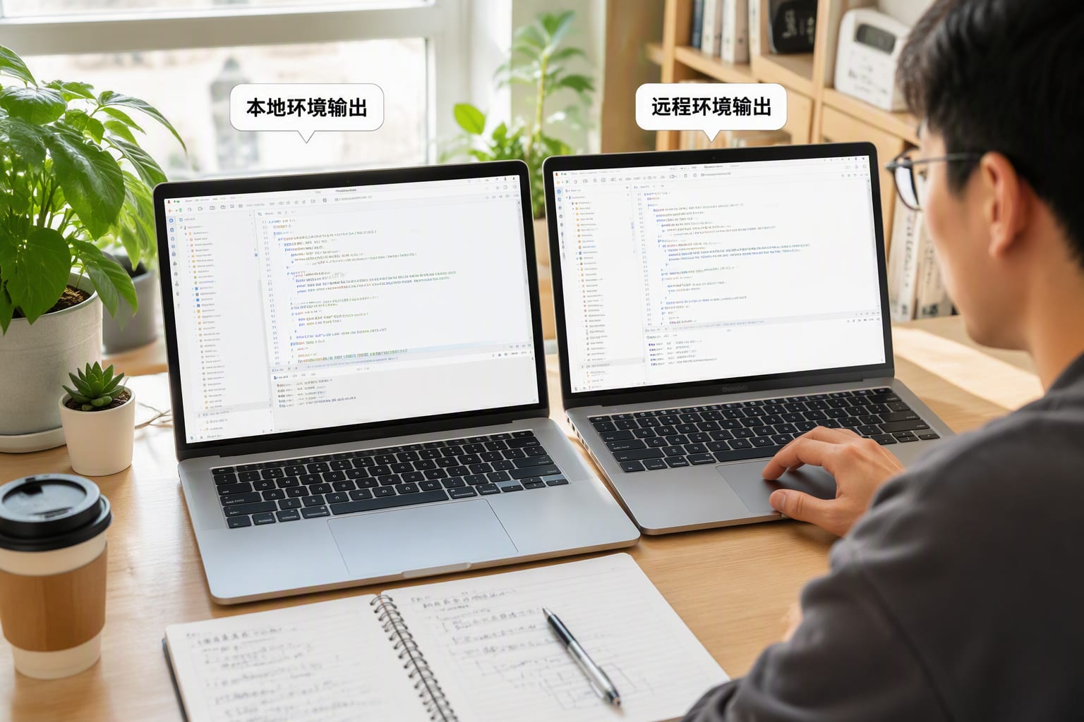 Dual workstation with two laptops showing light-themed code editors side by side