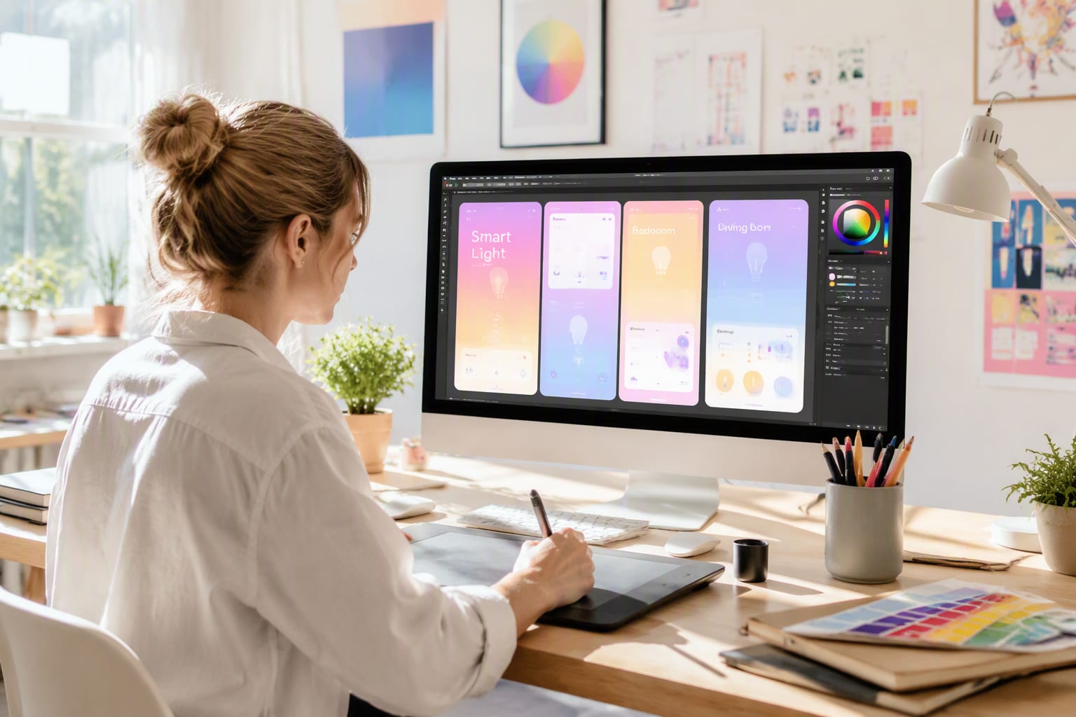 Designer working on colorful light-themed interface mockups in a bright studio