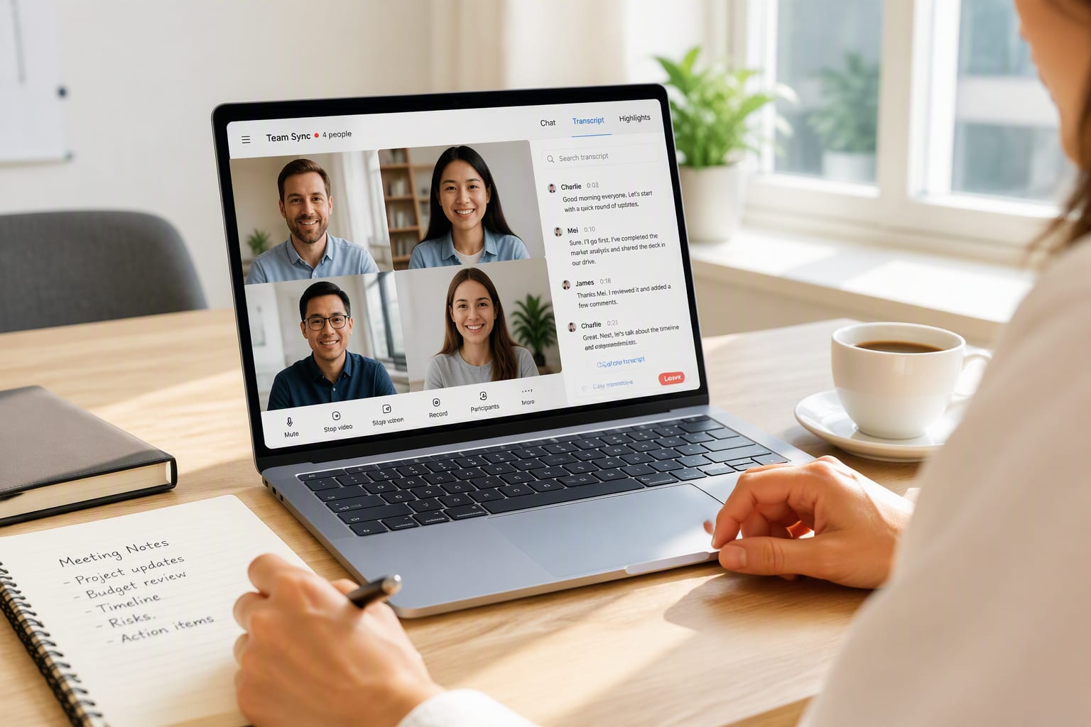 Laptop showing a light-themed video call with live transcript panel in a bright meeting room