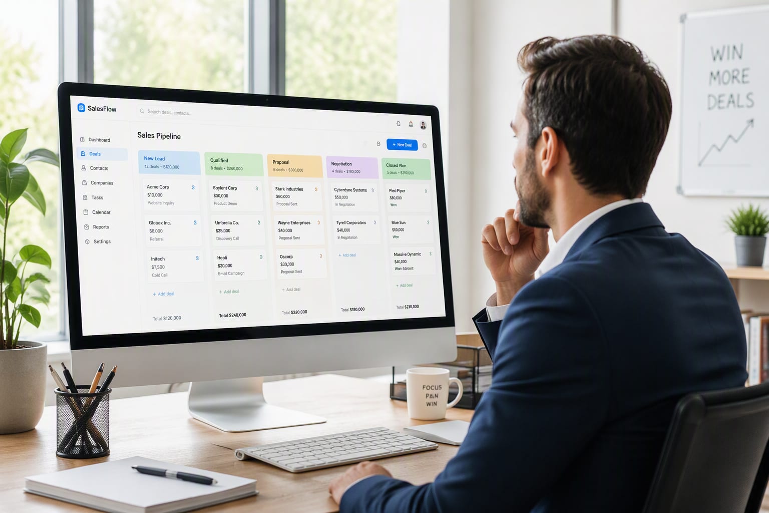Salesperson viewing a light-themed CRM pipeline board with colorful deal stages