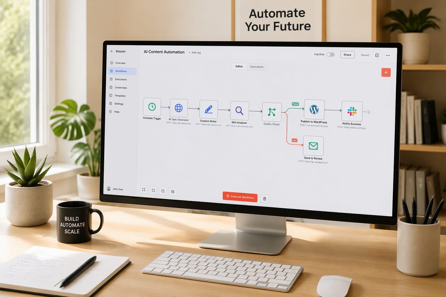 Automation workflow diagram with connected nodes on a light-themed canvas