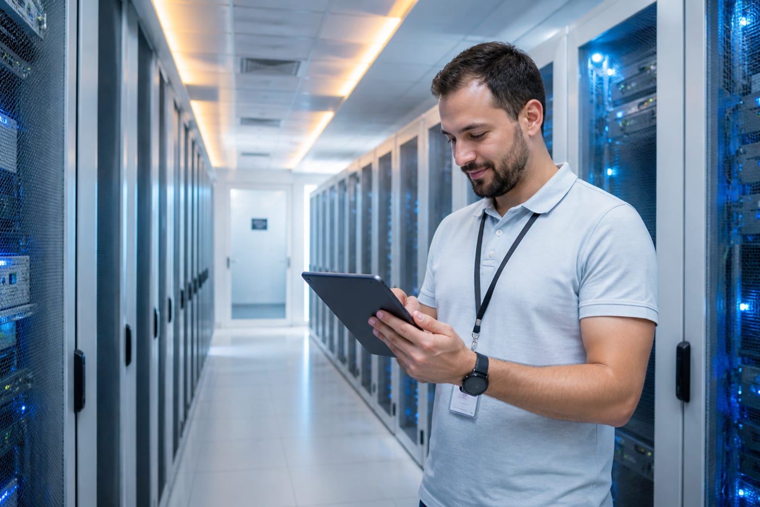 A bright server room aisle lit in soft white and blue light, a relaxed engineer in a light polo checking a tablet, warm accent lighting on the ceiling panels, clean and airy with no harsh darkness, realistic photography.