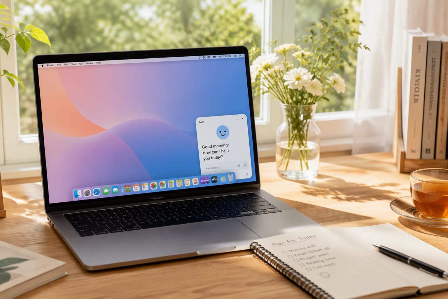A clean, bright desk by a large window in late morning, a laptop showing a small rounded assistant widget in the corner of the screen, a cup of tea, a paper notebook, and a warm wooden desk, soft natural light with gentle shadows, cozy and inviting with no black areas.