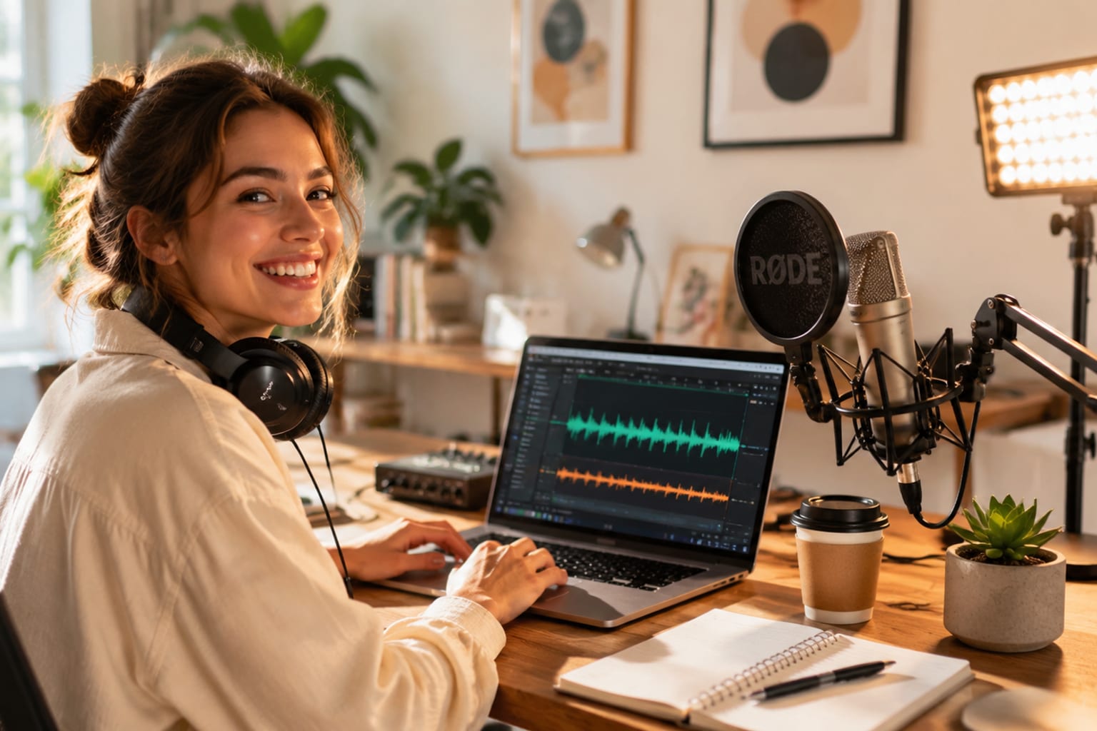 Bright, warm photo of a smiling young creator in a sunlit home studio, headphones around her neck, editing an audio waveform on a laptop beside a large microphone and a warm LED light; realistic, inviting, no large dark areas.