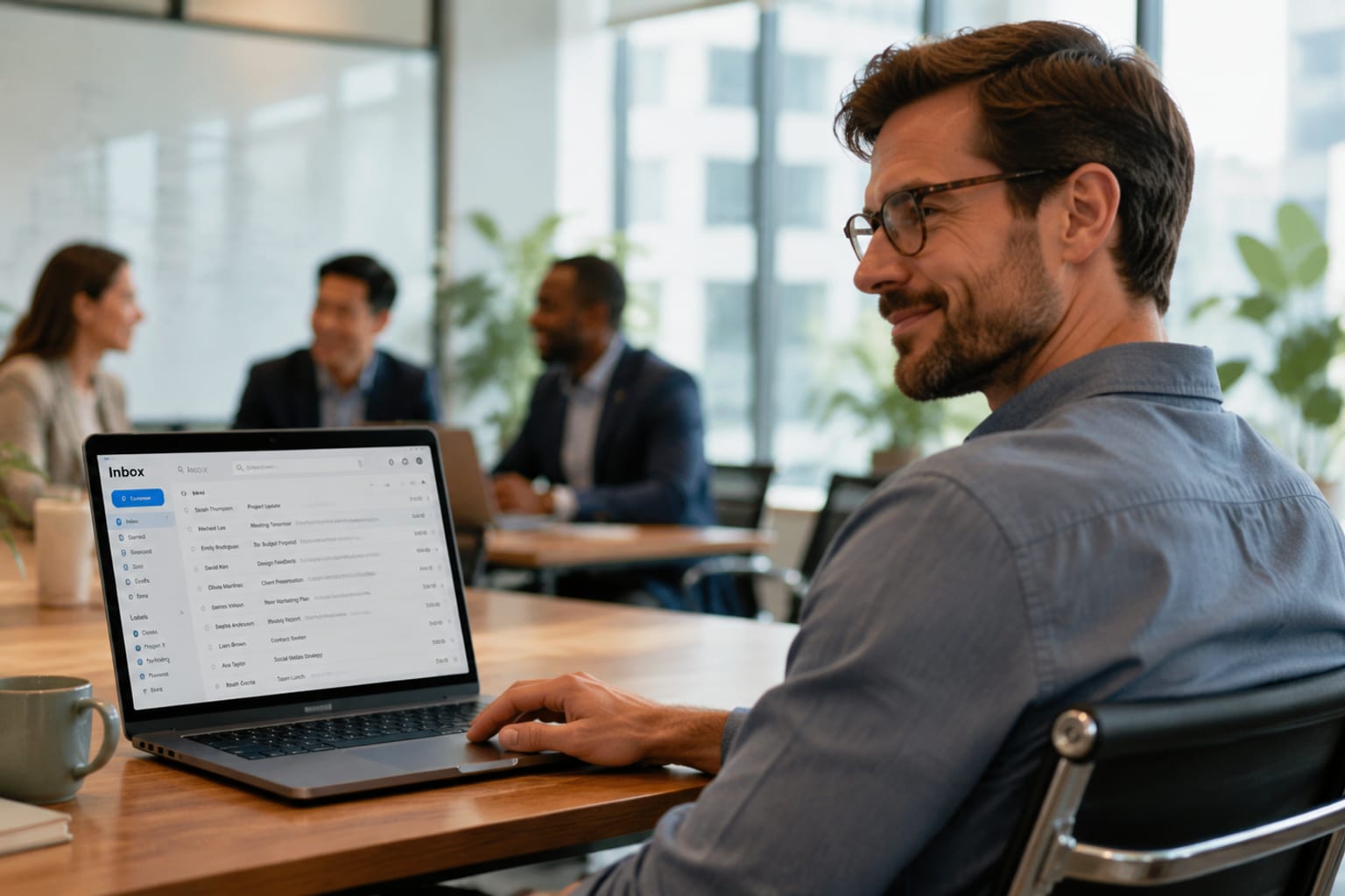 Bright modern office: a relaxed professional in a light-filled conference room glancing at a laptop showing a tidy inbox, colleagues and plants softly blurred behind; warm natural tones, realistic.