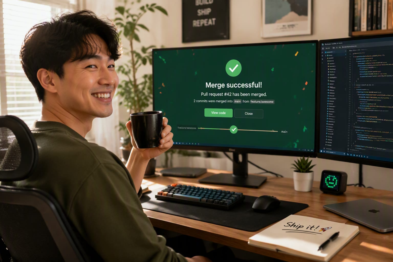 Bright cozy desk setup: a smiling developer with a coffee mug reviewing a green merge-success screen on dual monitors in a sunlit room, plants and warm light; realistic and uplifting.