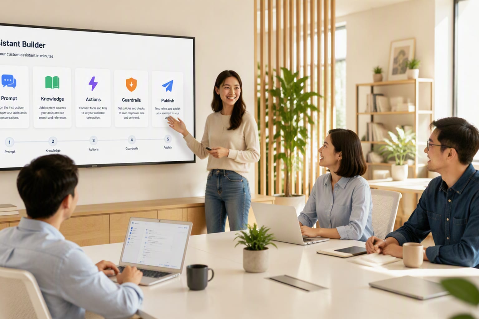 A sunlit open-plan office with a small team around a white meeting table, one person presenting a clean screen of assistant builder blocks on a wall display, plants and warm wood tones, colleagues smiling in soft daylight, no dark areas.