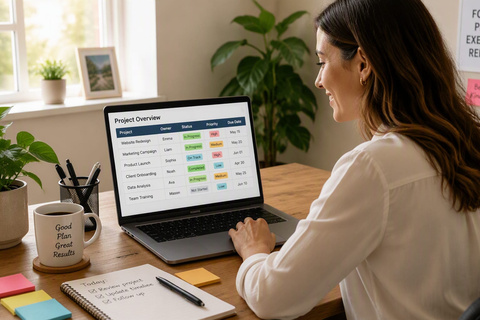 Bright, cheerful office scene of a woman at a wooden desk reviewing a color-coded project table on a laptop, with sticky notes, a plant, and soft morning light through a window; realistic and welcoming.