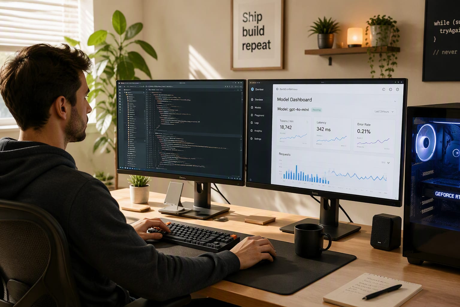 Bright, modern home office: a developer at a clean desk with a glowing workstation tower, dual monitors showing code and a model dashboard, warm daylight and a plant; realistic and inviting.