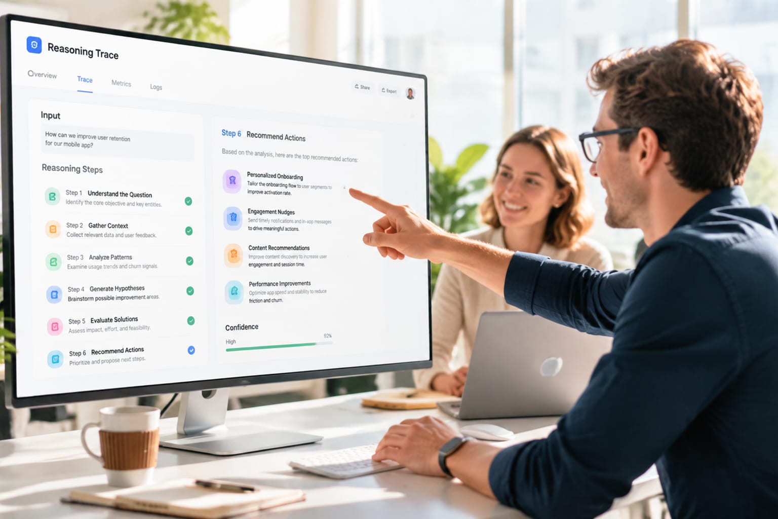 A bright, modern office at morning light where a developer points to a clean white dashboard on a large monitor showing a layered reasoning trace, a warm cup of coffee and green plants nearby, colleagues in soft light in the background, airy and optimistic with no dark areas.