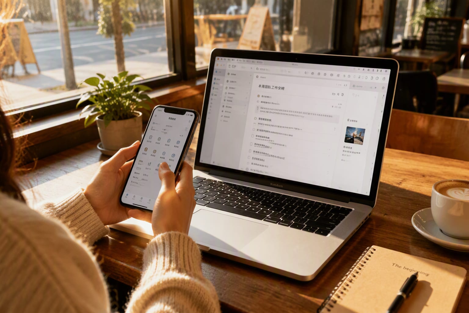 A bright cafe interior in late afternoon, a person holding a phone up toward a laptop screen on a wooden table, warm sunlight streaming through a window, the screen glowing softly, a small plant and notebook on the table, cozy and realistic with no black areas.