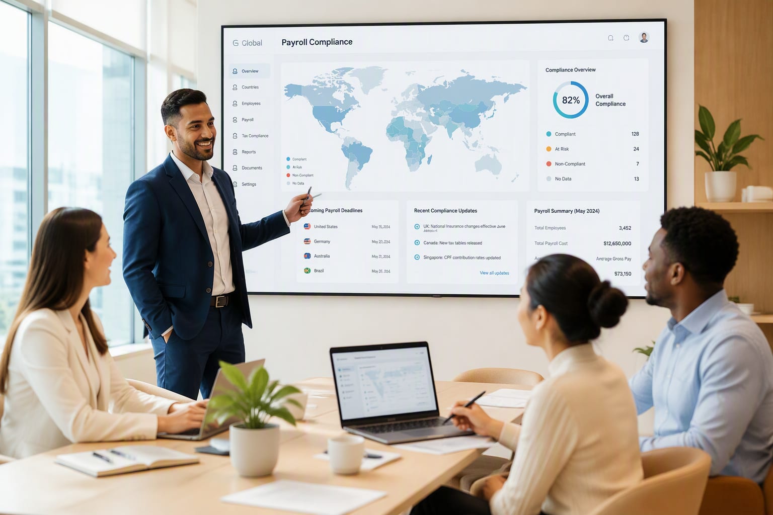 HR team reviewing global payroll compliance dashboards on a light interface