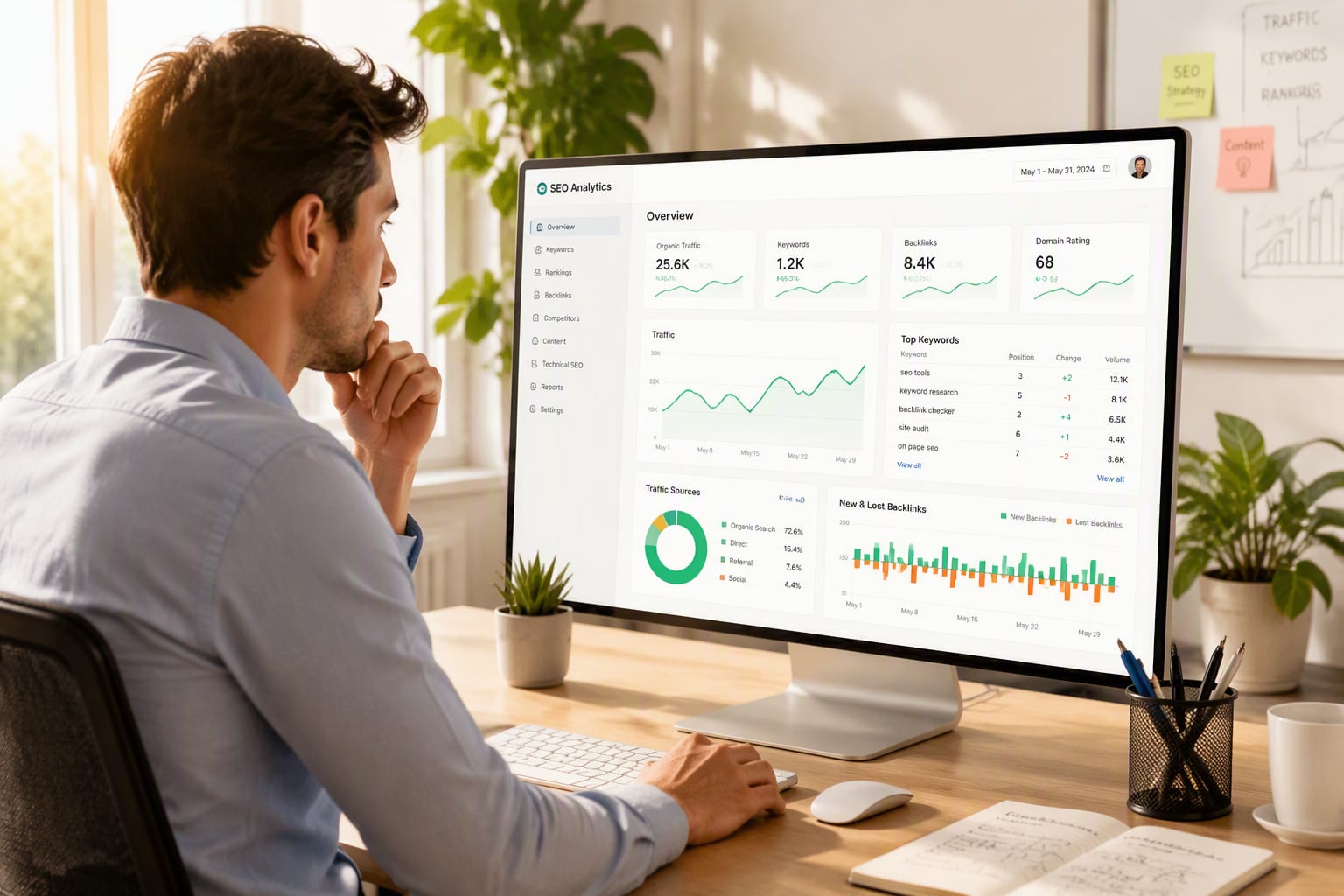 Semrush SEO analytics dashboard with colorful charts in a bright office