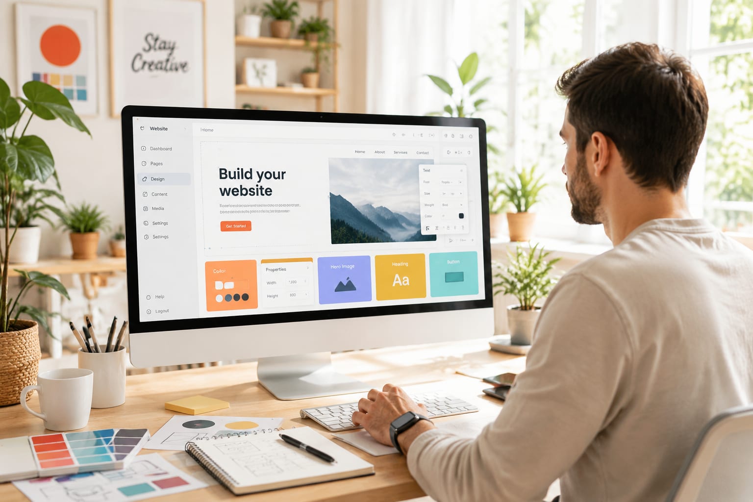 Web designer viewing a light-themed website builder with colorful page sections
