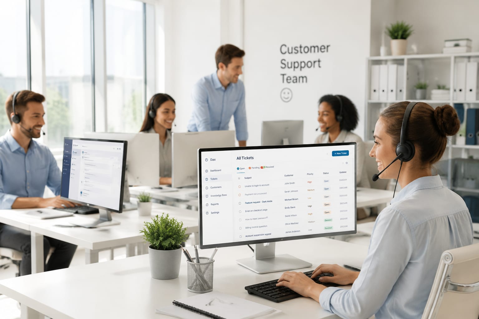 Customer support team with headsets using light-themed dashboards in a bright office